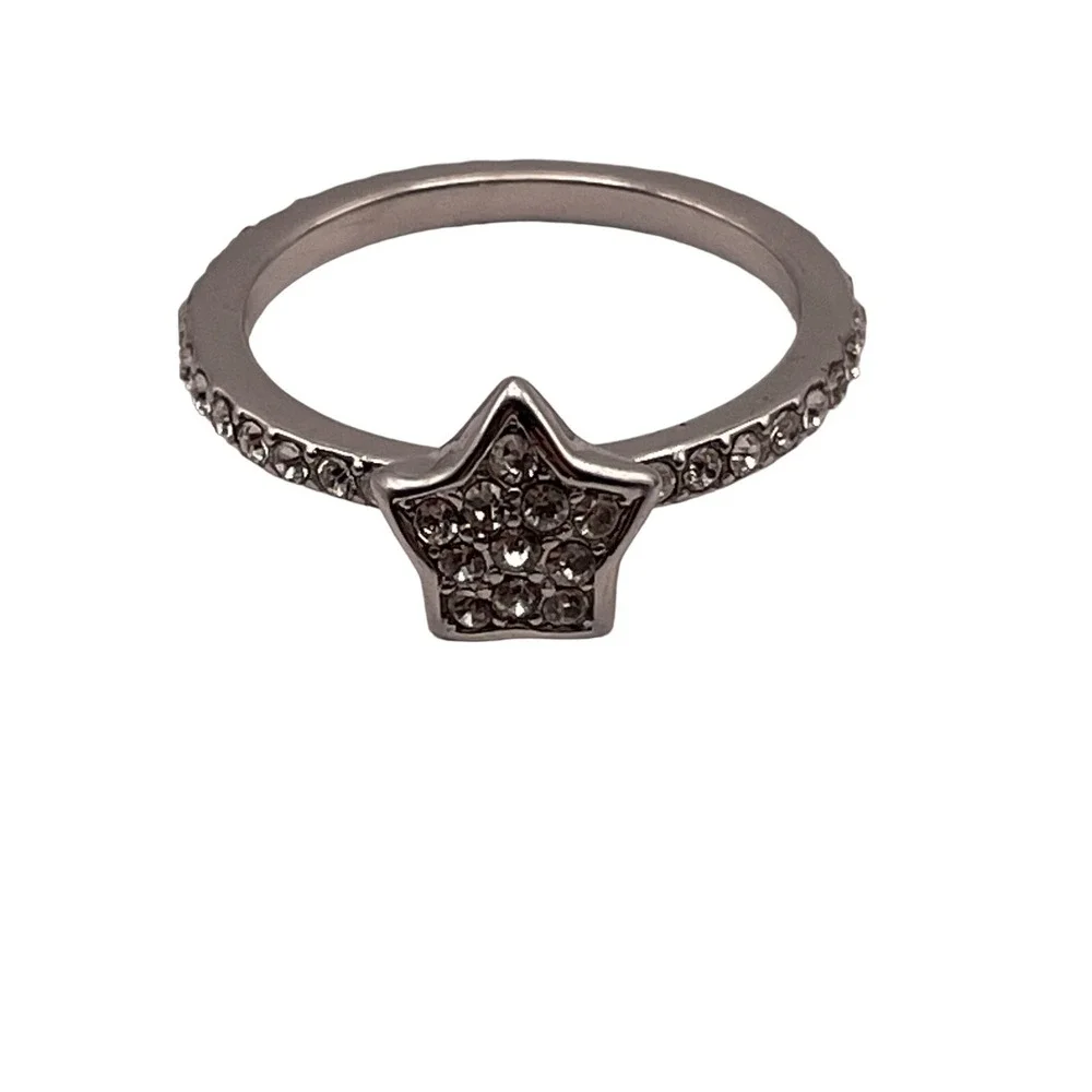 Star Ring Marked B China Silver‎ Tone Size 9 Icy Clear Rhinestones Astrology